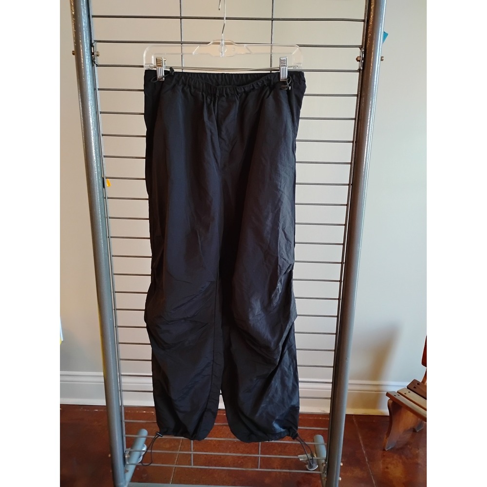 Black Nylon Parachute Pants Adjustable Toggle Waist Ankle Streetwear Joggers